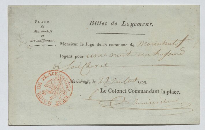 Inconnu, Billet de Logement pour les soldats de l'armée d'occupation française à Mariahilf, délivré le 22 juillet 1809