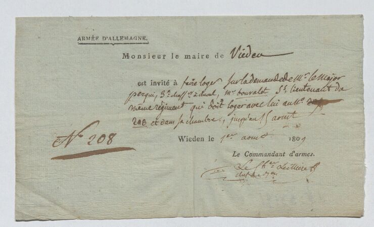 Inconnu, Billet de Logement pour les soldats de l'armée d'occupation française au faubourg de Wieden, délivré le 22 juillet 1809
